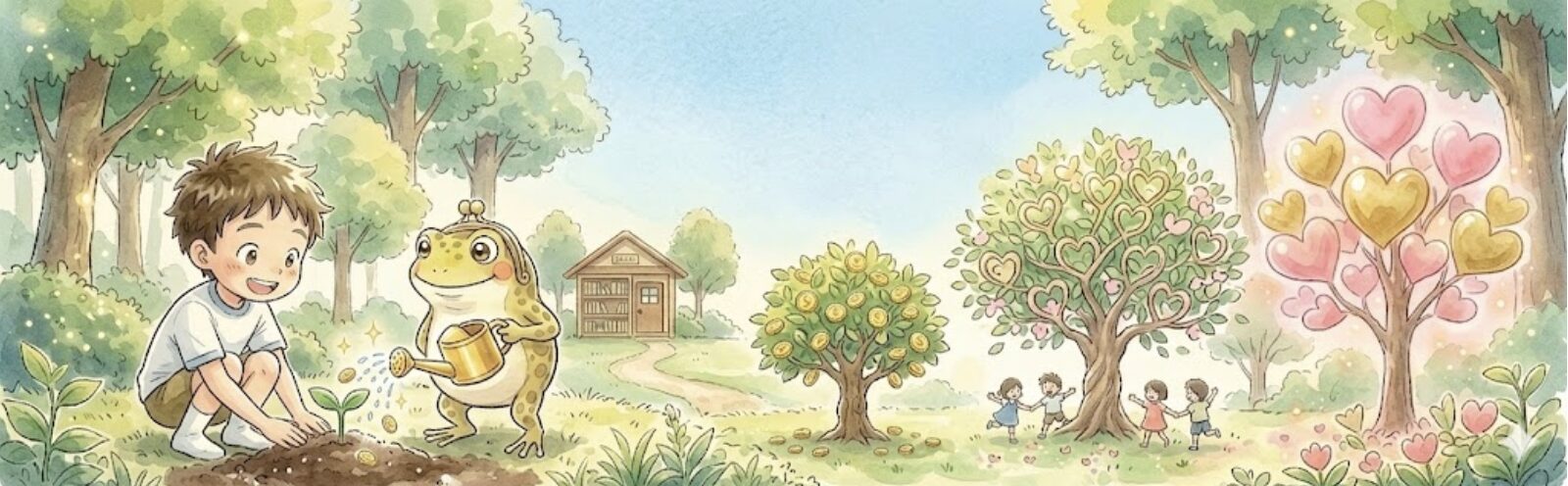 ガマえもんとケンタくんが種まきをしているイラスト