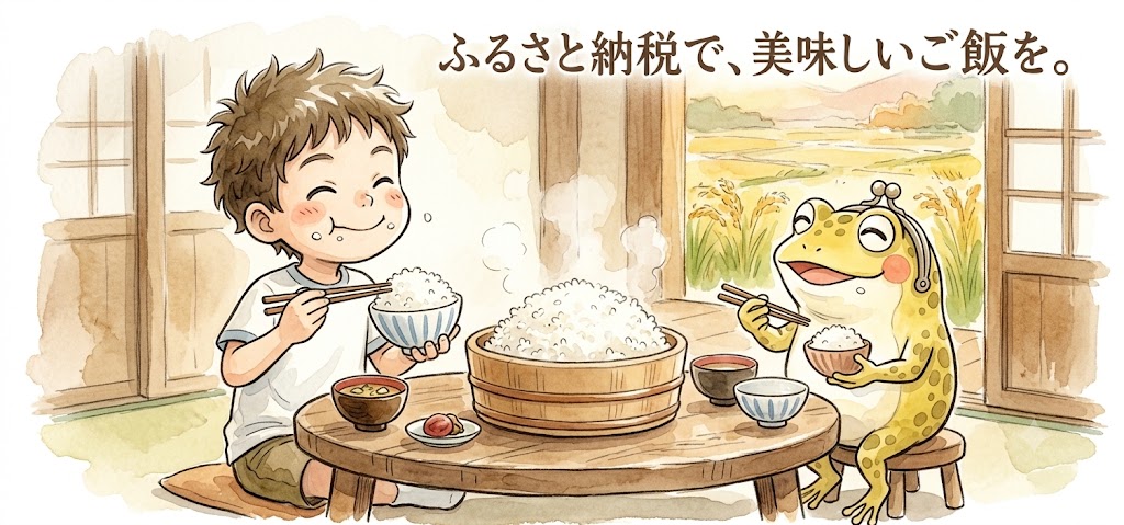 ふるさと納税で美味しいご飯を食べるガマえもんとケンタくん