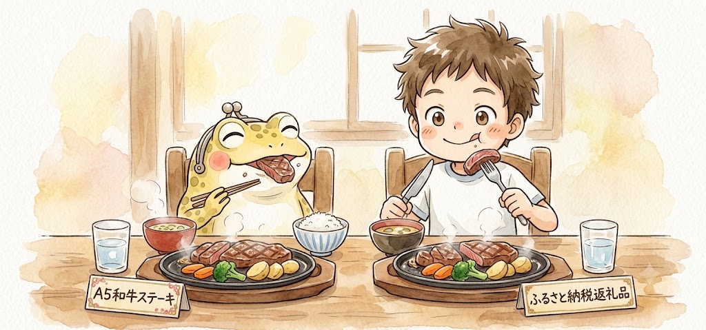 ふるさと納税のA5和牛ステーキを食べるガマえもんとケンタくん